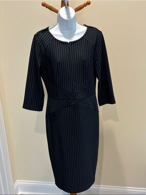 Black Pinstripe Midi Sheath Dress with Waist Wrap Detail